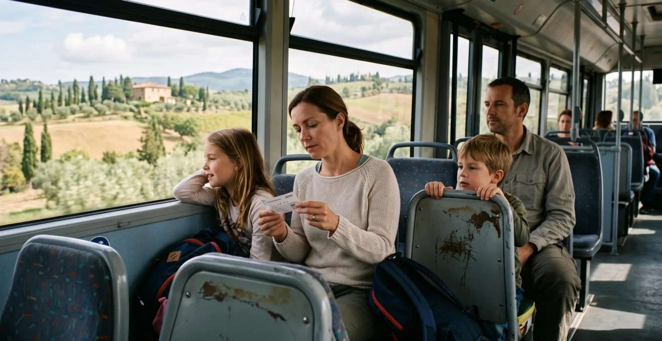 A family seated inside a moving regional bus in Tuscany, one child looking at the rolling countryside through the window.