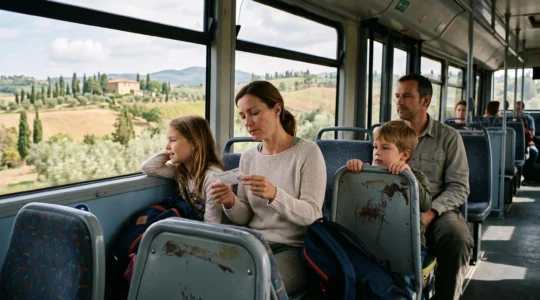 A family seated inside a moving regional bus in Tuscany, one child looking at the rolling countryside through the window.