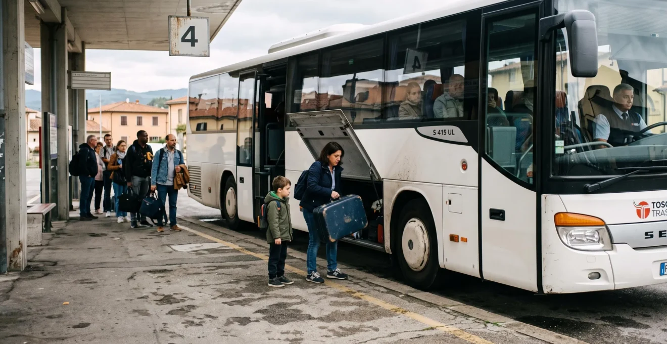 An adult placing a suitcase in the open luggage hold of a plain intercity regional coach parked at a bay in a Tuscan bus station.