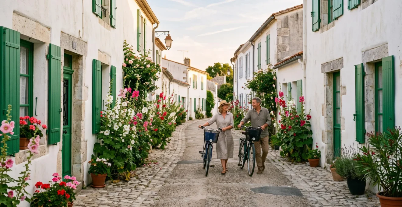 A couple strolling through a quiet whitewashed village street with bicycles.