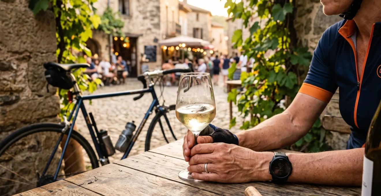 Hands holding a glass of white wine at a terrace table, bicycle behind.