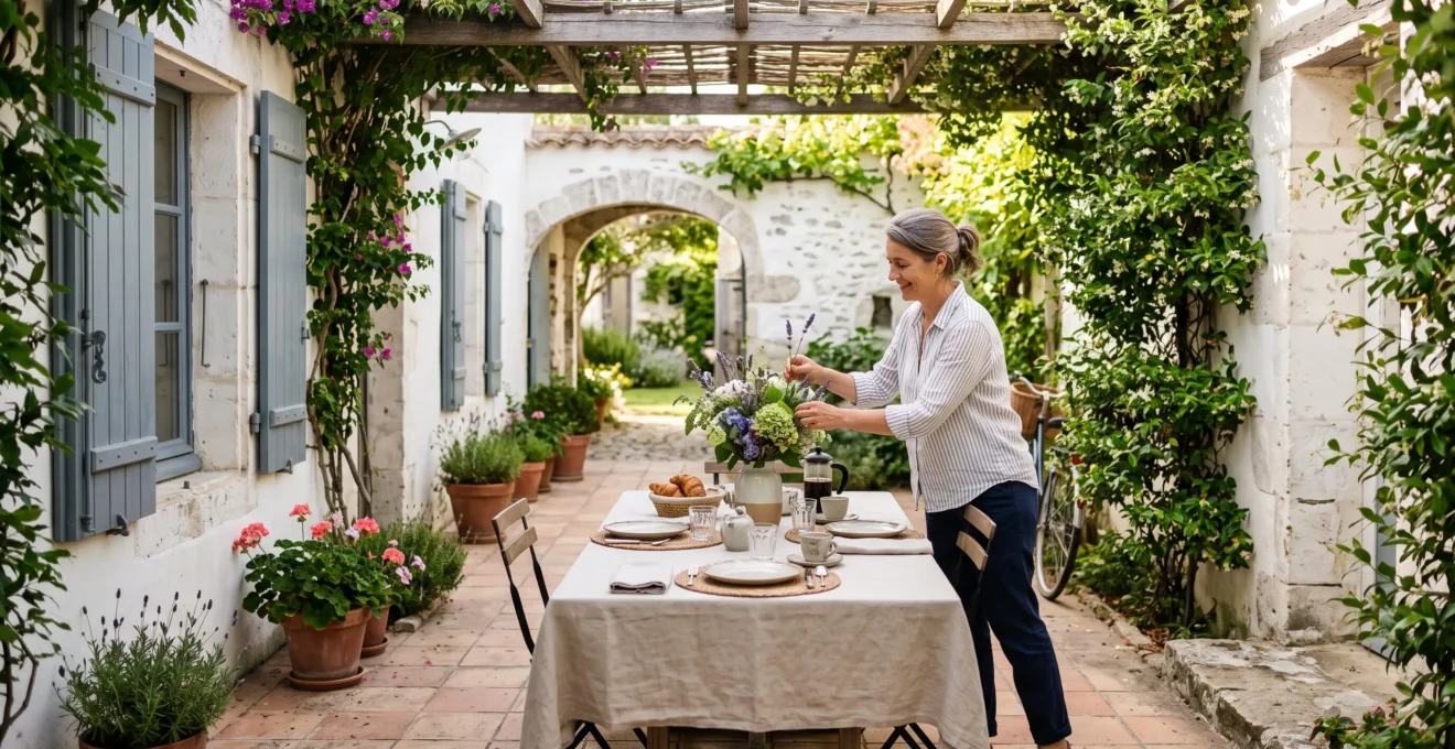 A host arranging flowers on a breakfast table in a guesthouse courtyard.